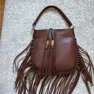 Fringed Brown Shoulder Tote with Tassel Accents